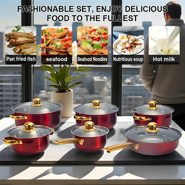 Red Cookware Set, 12-Piece ,Stainless Steel, Non-Stick, Kitchen