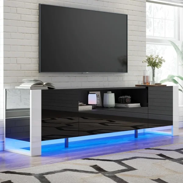 70" High Gloss TV Stand with Storage for Living Room, LED