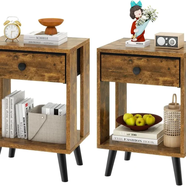 Nightstand Set of 2 with Fabric Drawers and Open Shelf Unit, 15.4" x 11.6" x 23.4"