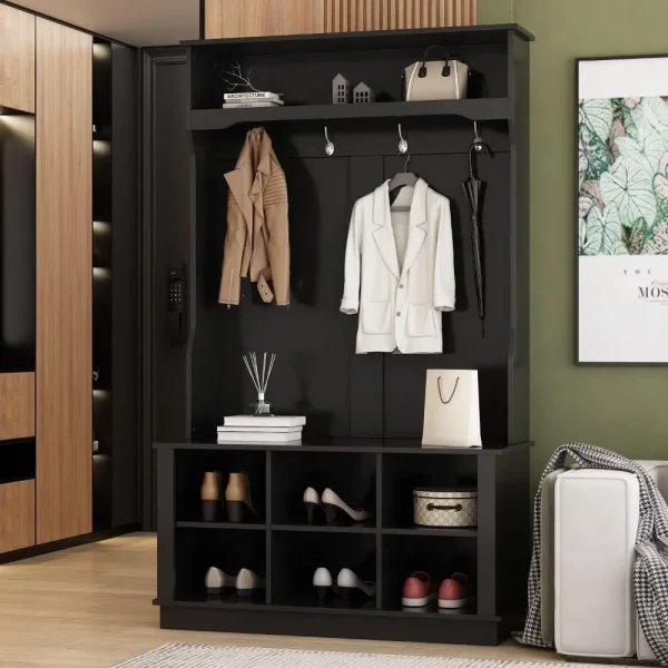 Entryway Hall Tree with Coat Rack, 6 Shoe Storage Cubes