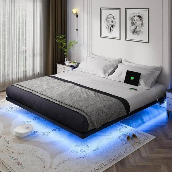 King Size Floating Bed Frame, LED Light and Charging Station, No Box Spring Needed