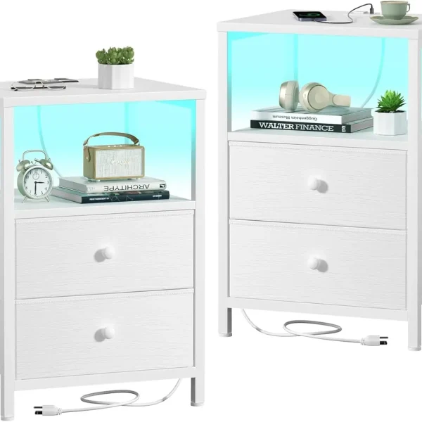 White Nightstands Set of 2, with Charging Station and LED Light