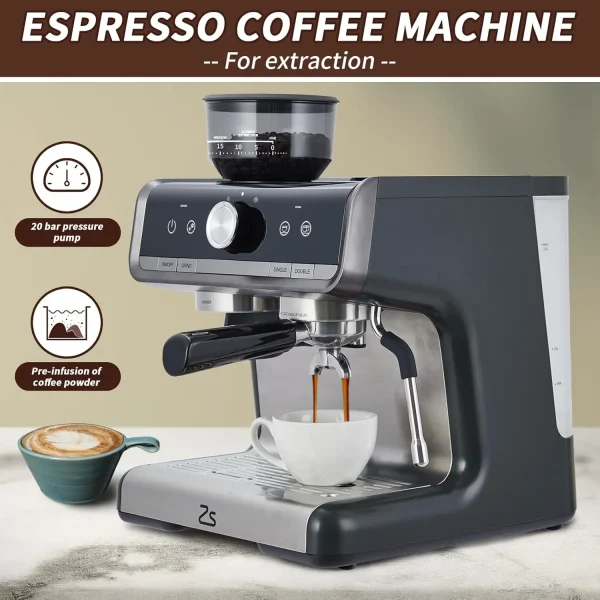 Espresso Machine with Grinder with Milk Frother Steam Wand, 20 Bar Barista 1450W
