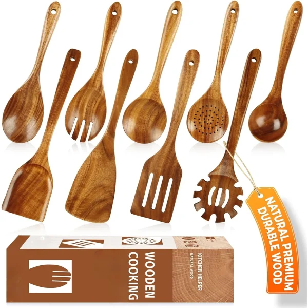 Wooden Kitchen Utensils Set, Smooth Natural Teak Cooking Nonstick Pans