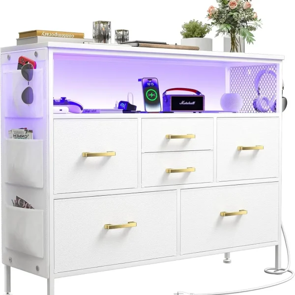 White Bedroom Dresser, 6 Drawers, with Power Outlets and LED Light