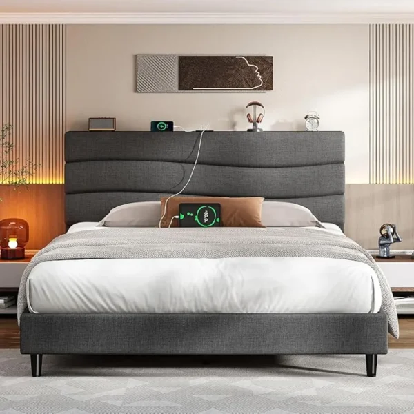 Queen Bed Frame w/Fabric Upholstered Headboard,