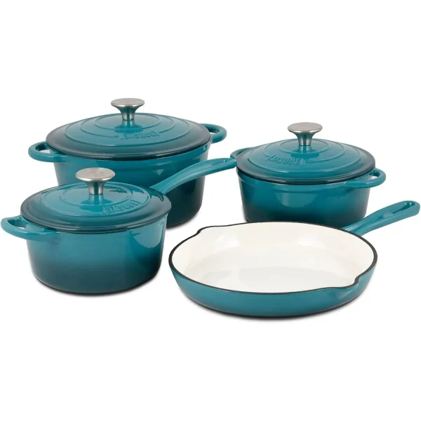 Enameled Cast Iron Cookware Set, 7-Piece Set (Biscay Blue), Nonstick, Oversized Handles, Oven Safe;10.25", 2QT, 2.25QT, 4.75QT
