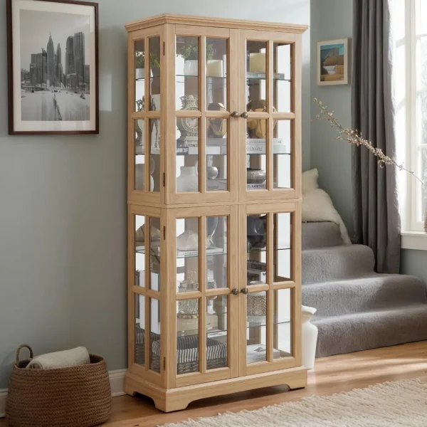 Glass Display Cabinet, 69" H Curio with Adjustable Shelves and 4 Glass Doors, Light Bulb Included