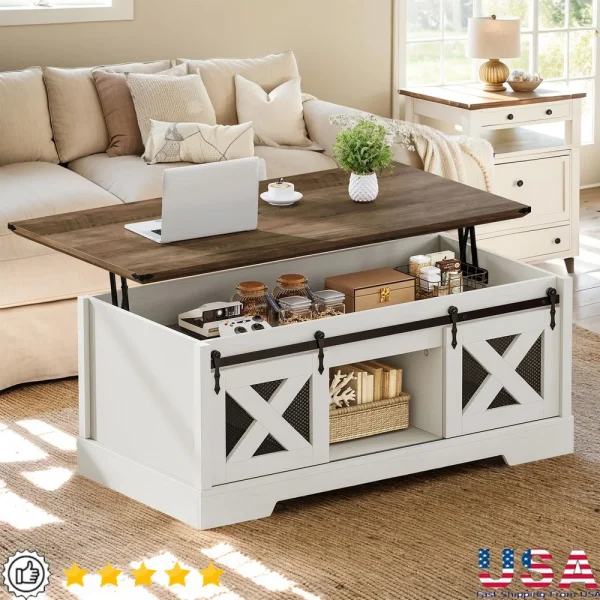 Farmhouse Lift Top Coffee Table with Sliding Door Storage Rustic