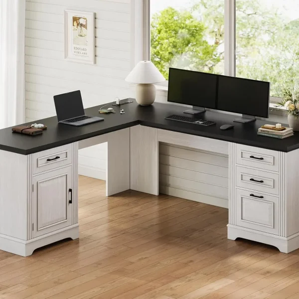 L Shaped Home Office Desk with File Drawer and Power Outlet, Computer Corner Desk with Drawers