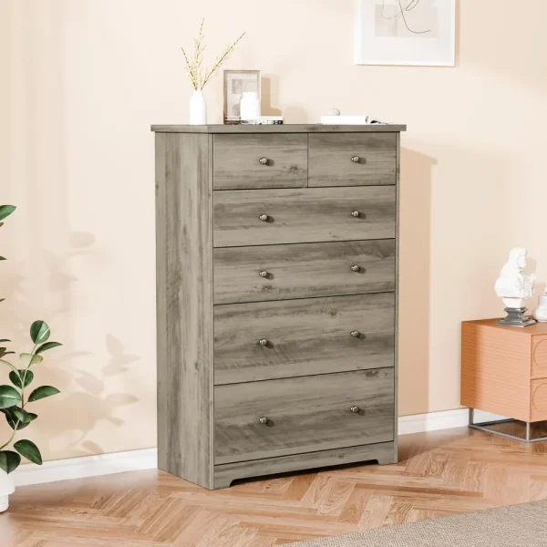 6 Drawer Chest of Drawers, Wood Gray for Bedroom, 31.5" W x 15