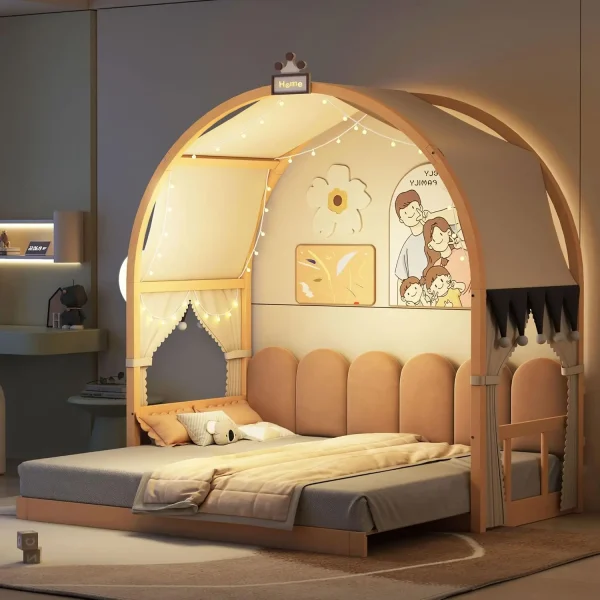 Floor Bed with Light and Curtain Twin to 2 Twin, Wood House Montessori Bed Frame with Arched Roof and Trundle,
